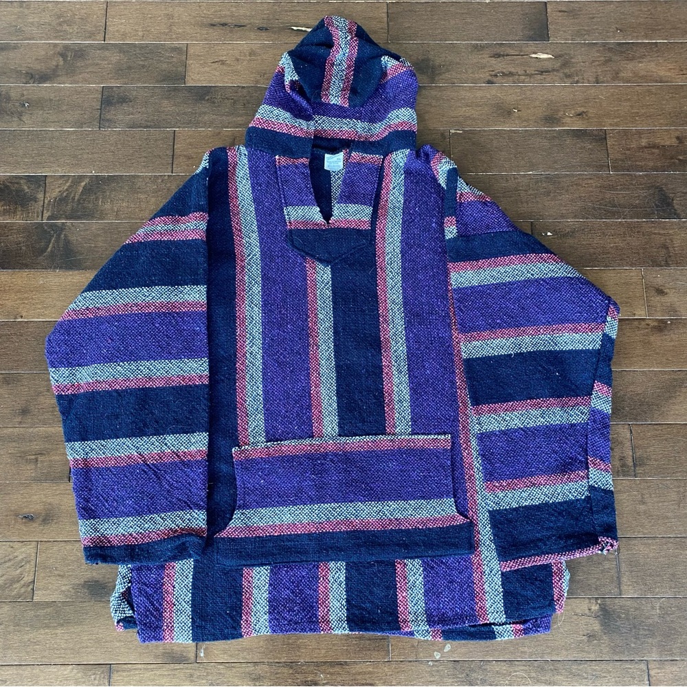 80's Mexican Baja Surfer Skater Hooded Pullover Poncho XL Sweater